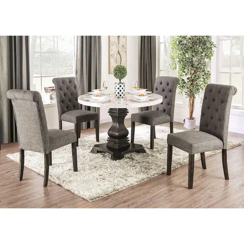 Ensemble de salle à manger rond 5 pièces Brec Farmhouse avec plateau en marbre et chaises capitonnées par Furniture of America