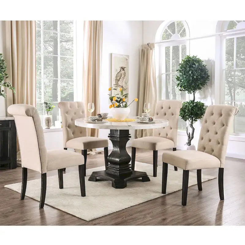 Brec Farmhouse Marble Top 5-Piece Round Dining Table Set with Tufted Chairs by Furniture of America