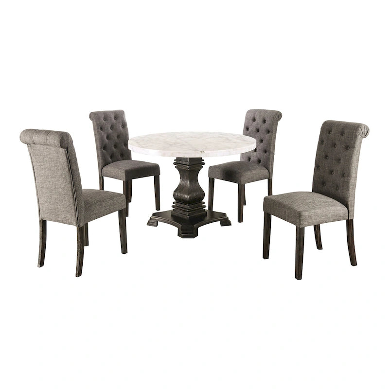 Ensemble de salle à manger rond 5 pièces Brec Farmhouse avec plateau en marbre et chaises capitonnées par Furniture of America