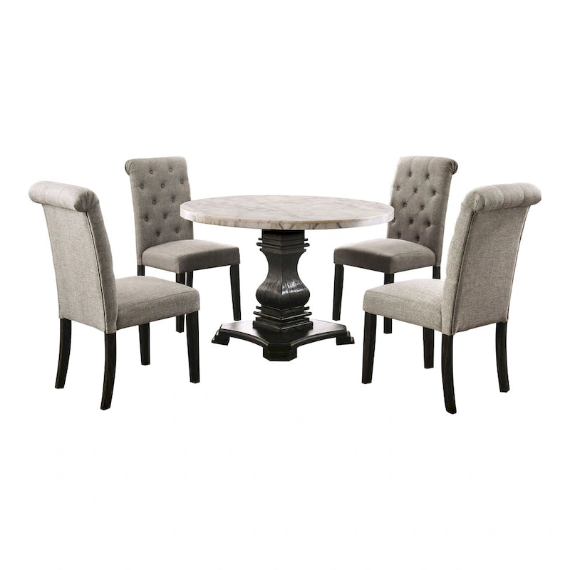 Ensemble de salle à manger rond 5 pièces Brec Farmhouse avec plateau en marbre et chaises capitonnées par Furniture of America