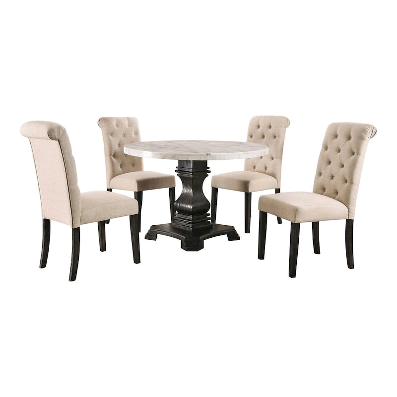 Ensemble de salle à manger rond 5 pièces Brec Farmhouse avec plateau en marbre et chaises capitonnées par Furniture of America