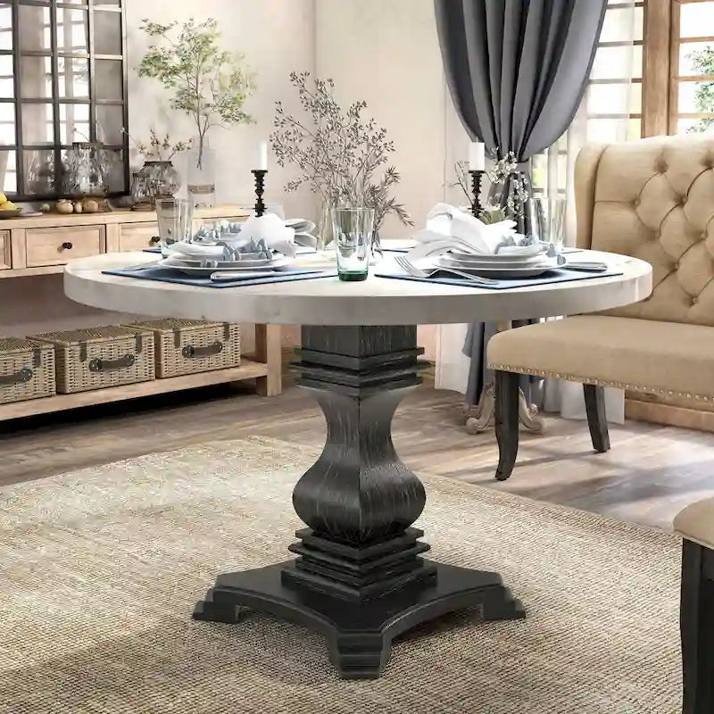 Ensemble de salle à manger rond 5 pièces Brec Farmhouse avec plateau en marbre et chaises capitonnées par Furniture of America