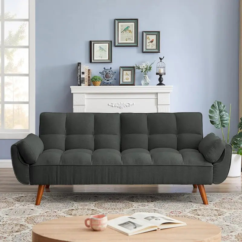 75.39 Canapé-lit Futon, Canapé Futon Pliant Convertible Transat Inclinable Pour Salon Avec 2 Oreillers/Accoudoirs