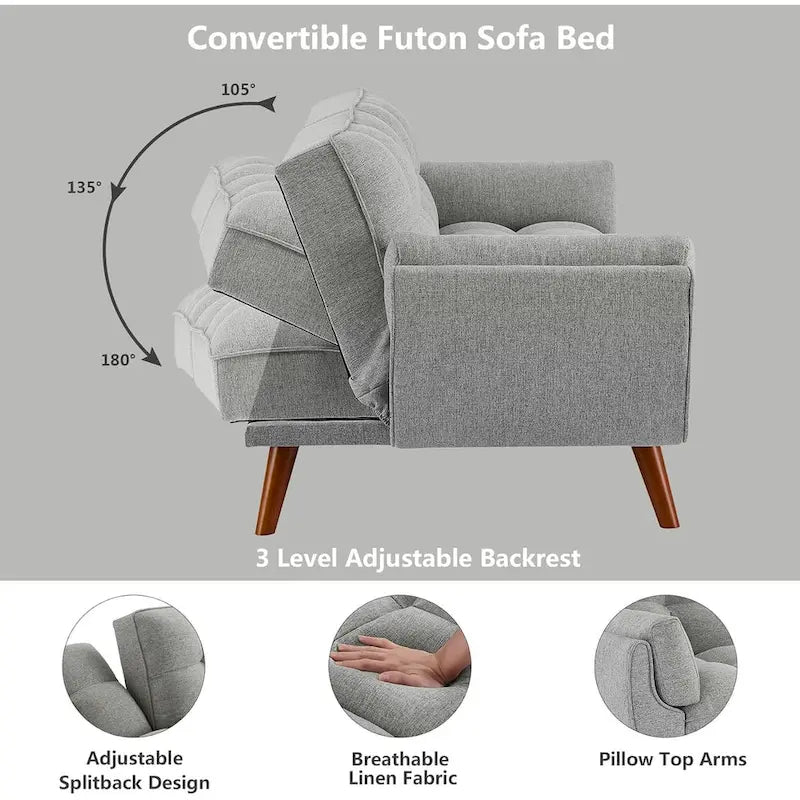 75.39 Canapé-lit Futon, Canapé Futon Pliant Convertible Transat Inclinable Pour Salon Avec 2 Oreillers/Accoudoirs
