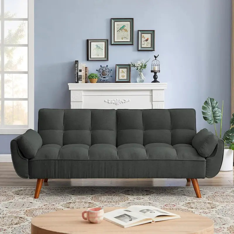 75.39 Canapé-lit Futon, Canapé Futon Pliant Convertible Transat Inclinable Pour Salon Avec 2 Oreillers/Accoudoirs