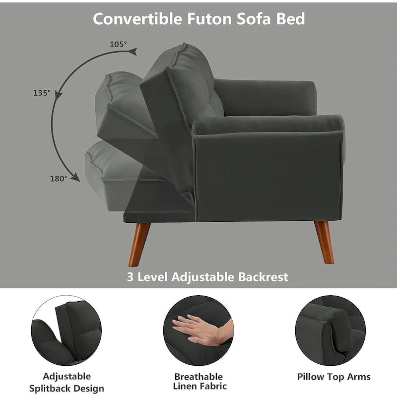 75.39 Canapé-lit Futon, Canapé Futon Pliant Convertible Transat Inclinable Pour Salon Avec 2 Oreillers/Accoudoirs