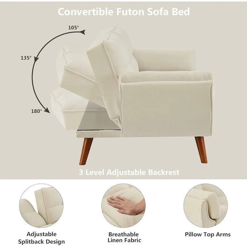 75.39 Canapé-lit Futon, Canapé Futon Pliant Convertible Transat Inclinable Pour Salon Avec 2 Oreillers/Accoudoirs