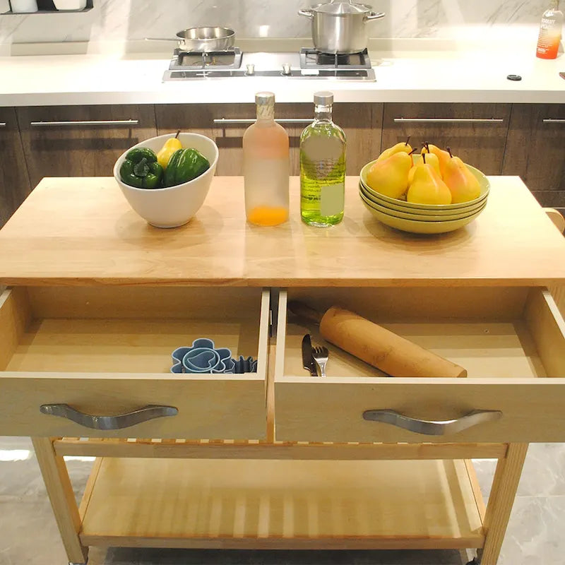Desserte de cuisine avec plateau en bois massif et roulettes verrouillables