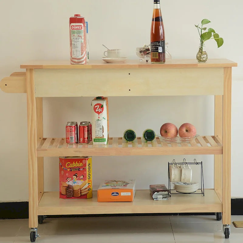 Desserte de cuisine avec plateau en bois massif et roulettes verrouillables