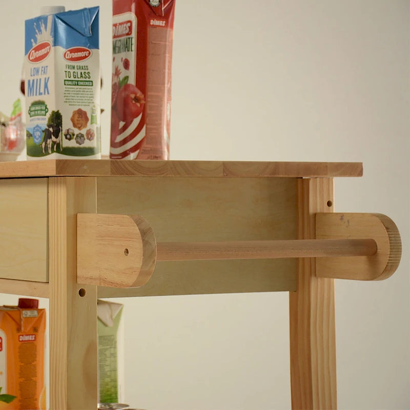 Desserte de cuisine avec plateau en bois massif et roulettes verrouillables