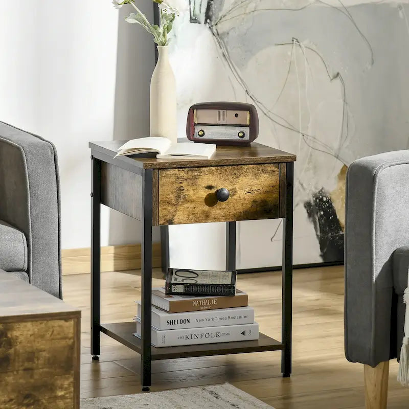 HOMCOM Table d'appoint industrielle avec étagère de rangement, Table d'appoint avec tiroir pour salon ou chambre à coucher, Marron rustique
