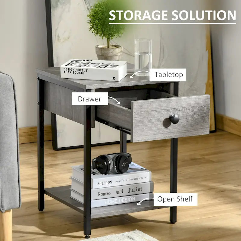 HOMCOM Table d'appoint industrielle avec étagère de rangement, Table d'appoint avec tiroir pour salon ou chambre à coucher, Marron rustique