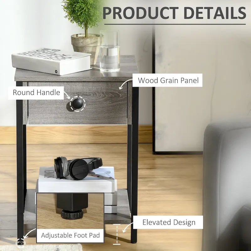 HOMCOM Table d'appoint industrielle avec étagère de rangement, Table d'appoint avec tiroir pour salon ou chambre à coucher, Marron rustique