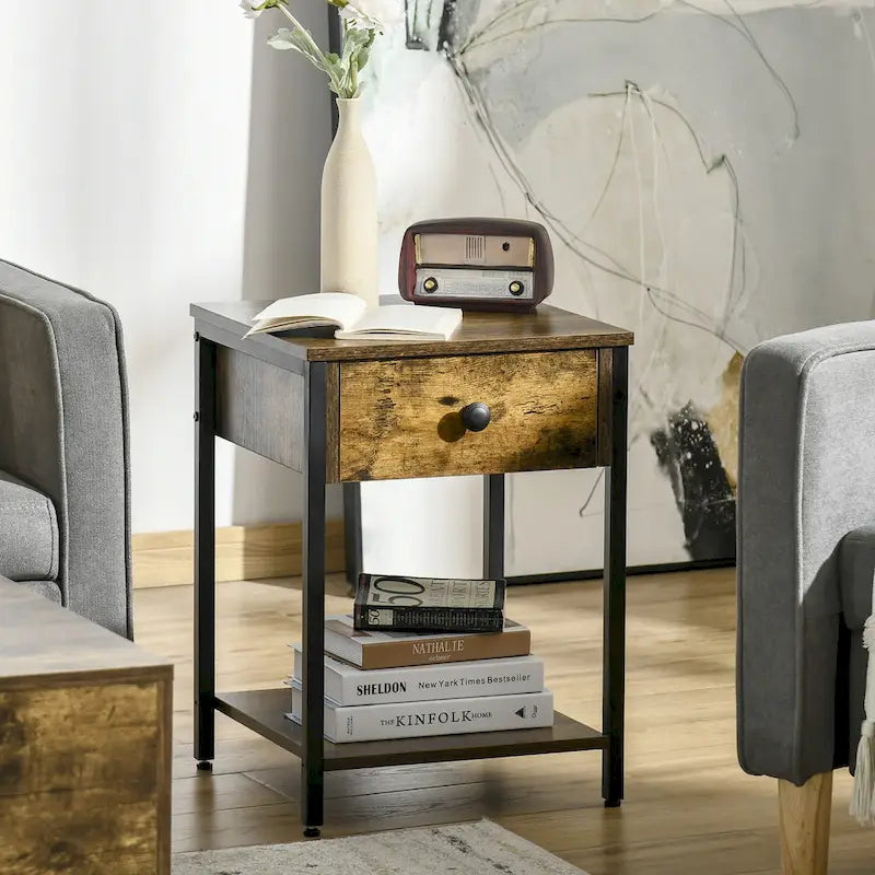 HOMCOM Table d'appoint industrielle avec étagère de rangement, Table d'appoint avec tiroir pour salon ou chambre à coucher, Marron rustique
