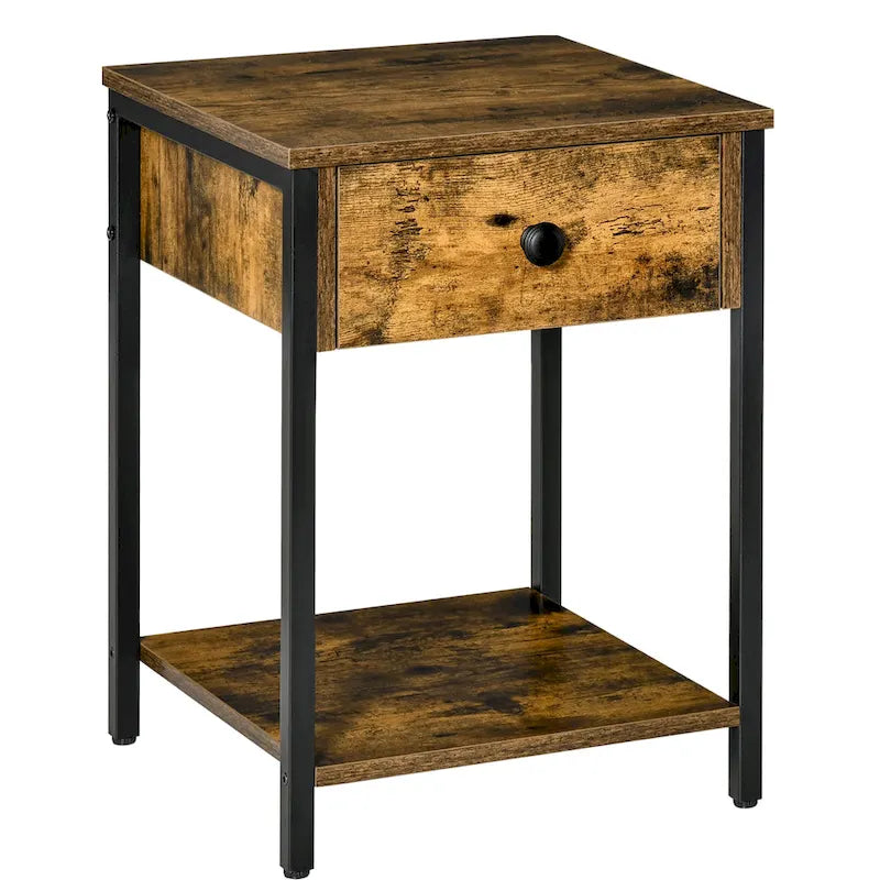 HOMCOM Table d'appoint industrielle avec étagère de rangement, Table d'appoint avec tiroir pour salon ou chambre à coucher, Marron rustique