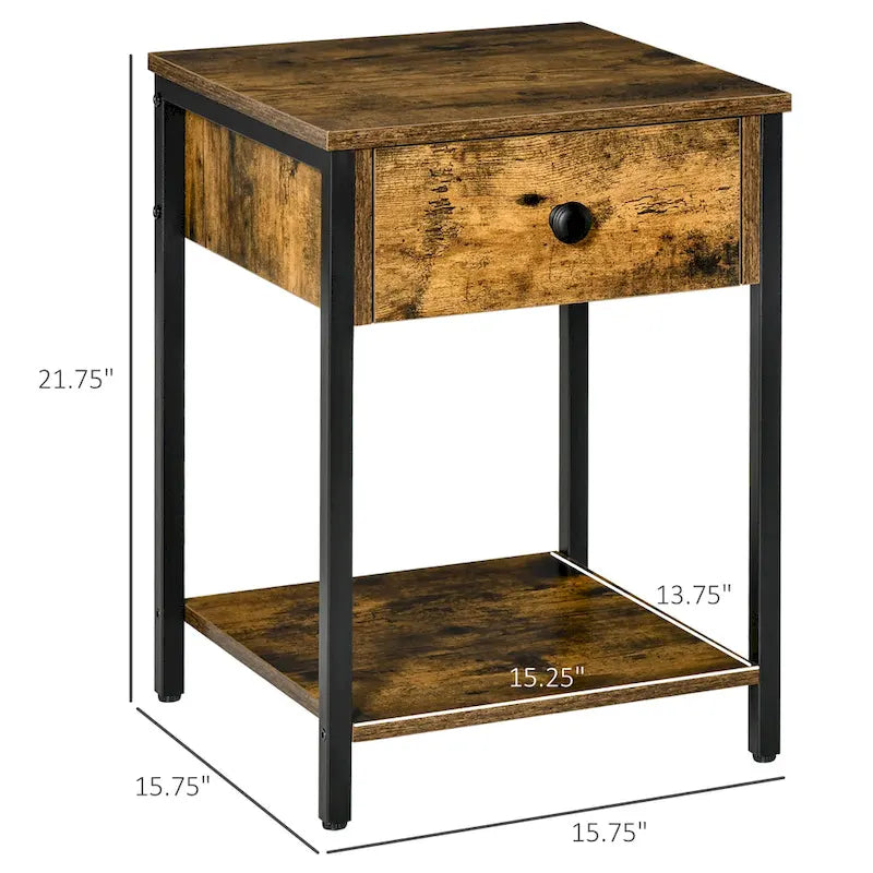 HOMCOM Table d'appoint industrielle avec étagère de rangement, Table d'appoint avec tiroir pour salon ou chambre à coucher, Marron rustique