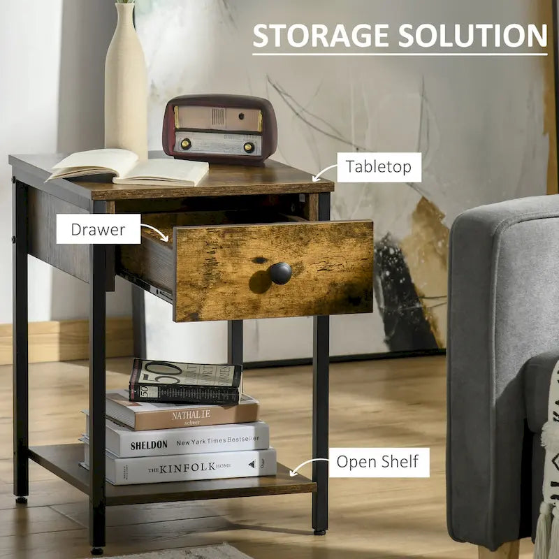 HOMCOM Table d'appoint industrielle avec étagère de rangement, Table d'appoint avec tiroir pour salon ou chambre à coucher, Marron rustique