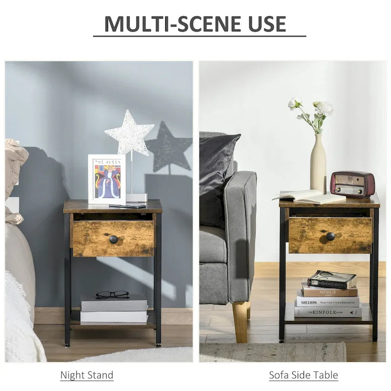 HOMCOM Table d'appoint industrielle avec étagère de rangement, Table d'appoint avec tiroir pour salon ou chambre à coucher, Marron rustique