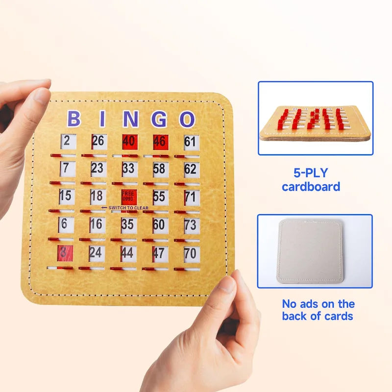 Cartes de loto GSE Shutter avec curseur de réinitialisation rapide. Cartes de loto réutilisables à curseur et réinitialisation du bout des doigts.