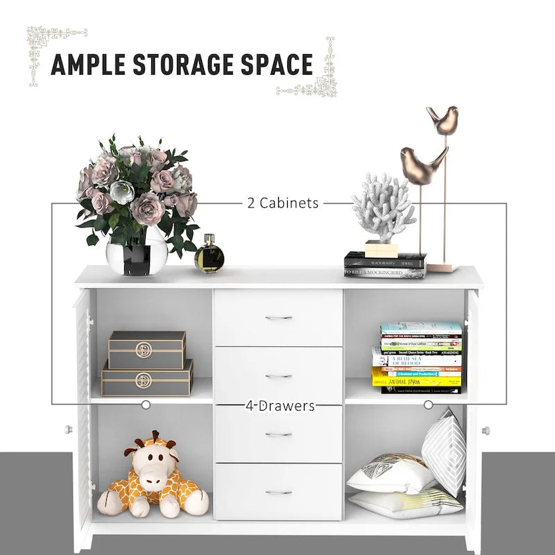HOMCOM 47 Buffet de rangement moderne avec tiroirs et portes à persiennes - Blanc - 120 L x 40 P x 80 H cm