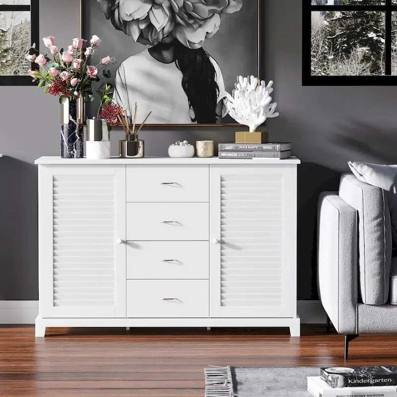 HOMCOM 47 Buffet de rangement moderne avec tiroirs et portes à persiennes - Blanc - 120 L x 40 P x 80 H cm