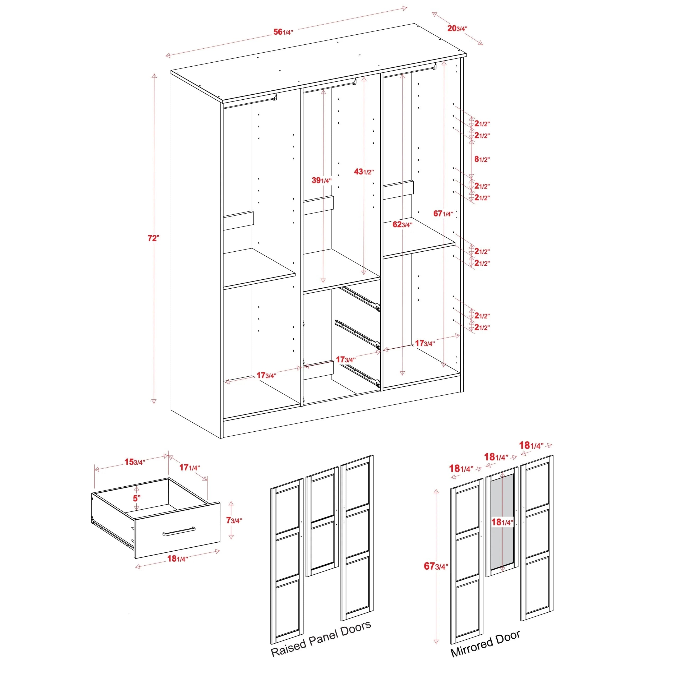 Palace Imports Armoire Cosmo 3 portes 100 % bois massif avec portes en bois massif ou portes miroir