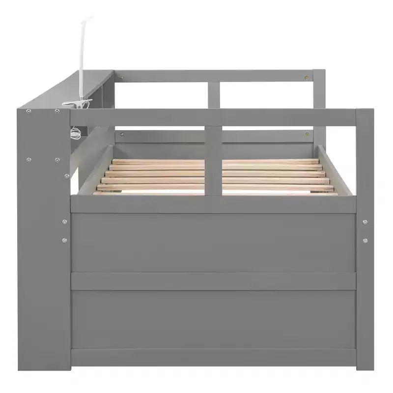 Lit de repos double XL Whisen en bois avec 2 lits gigognes, 3 compartiments de rangement, 1 lampe gratuite et port de chargement USB