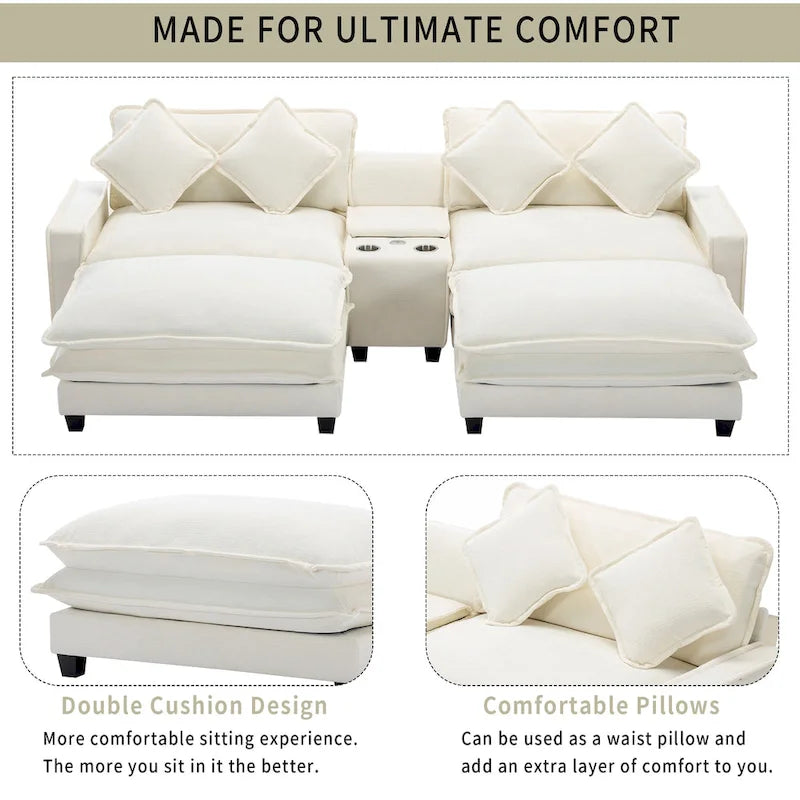 Canapé d'angle en chenille de 286 cm avec deux poufs amovibles, deux ports USB, deux porte-gobelets et un grand coffre de rangement
