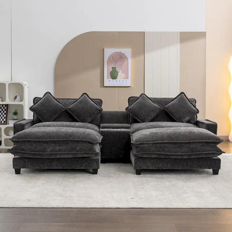 Canapé d'angle en chenille de 286 cm avec deux poufs amovibles, deux ports USB, deux porte-gobelets et un grand coffre de rangement