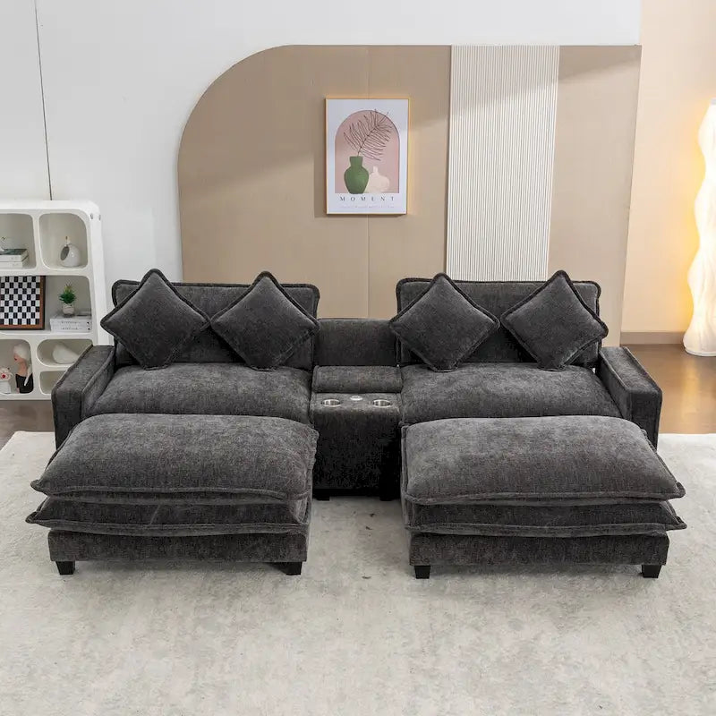 Canapé d'angle en chenille de 286 cm avec deux poufs amovibles, deux ports USB, deux porte-gobelets et un grand coffre de rangement