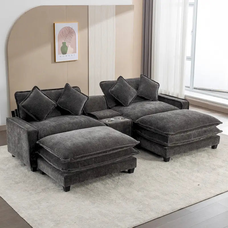 Canapé d'angle en chenille de 286 cm avec deux poufs amovibles, deux ports USB, deux porte-gobelets et un grand coffre de rangement