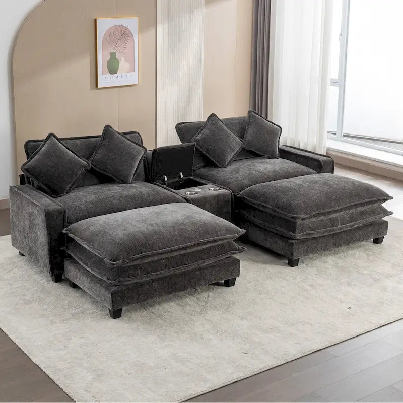 Canapé d'angle en chenille de 286 cm avec deux poufs amovibles, deux ports USB, deux porte-gobelets et un grand coffre de rangement