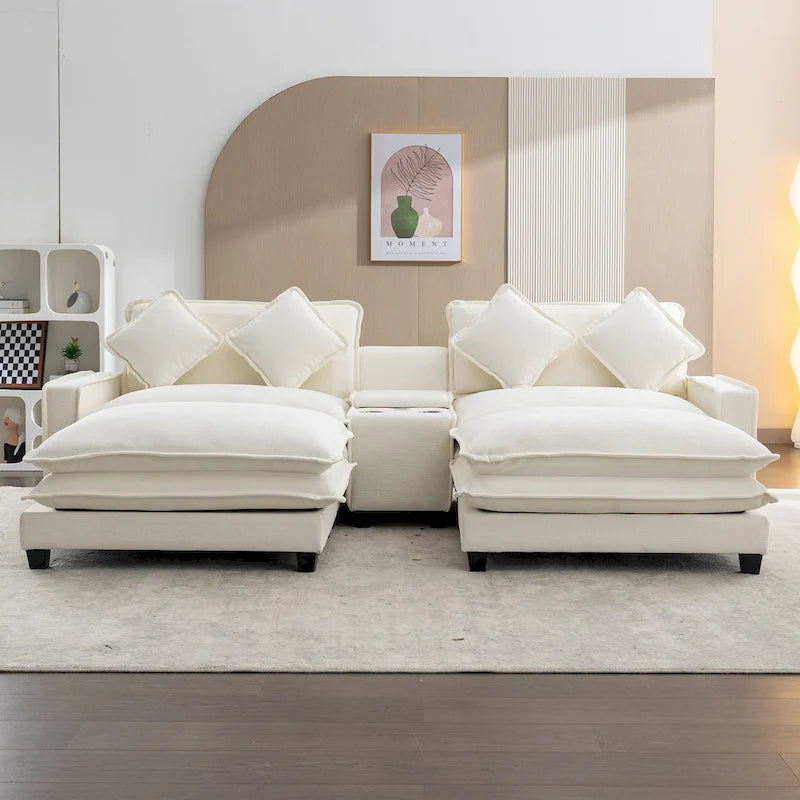 Canapé d'angle en chenille de 286 cm avec deux poufs amovibles, deux ports USB, deux porte-gobelets et un grand coffre de rangement