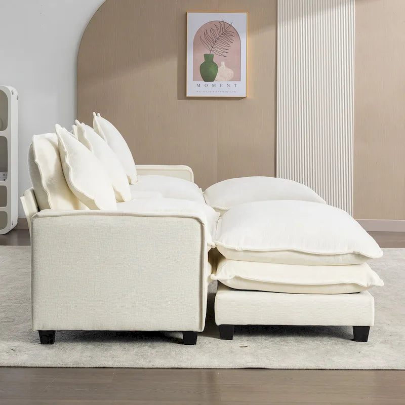 Canapé d'angle en chenille de 286 cm avec deux poufs amovibles, deux ports USB, deux porte-gobelets et un grand coffre de rangement