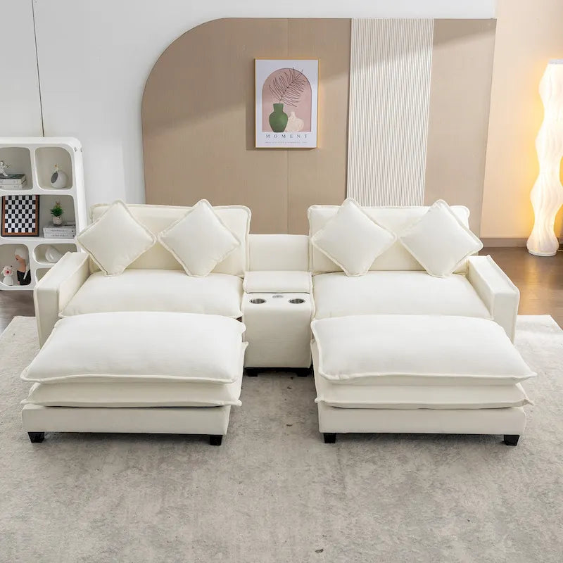 Canapé d'angle en chenille de 286 cm avec deux poufs amovibles, deux ports USB, deux porte-gobelets et un grand coffre de rangement