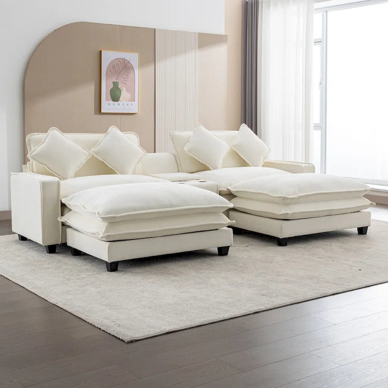 Canapé d'angle en chenille de 286 cm avec deux poufs amovibles, deux ports USB, deux porte-gobelets et un grand coffre de rangement