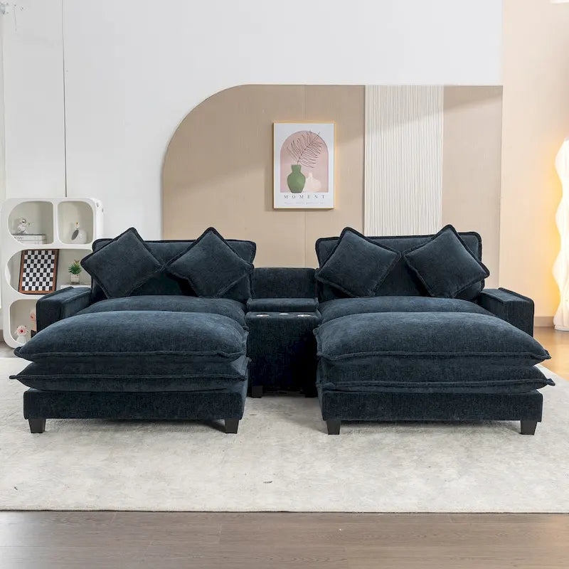 Canapé d'angle en chenille de 286 cm avec deux poufs amovibles, deux ports USB, deux porte-gobelets et un grand coffre de rangement