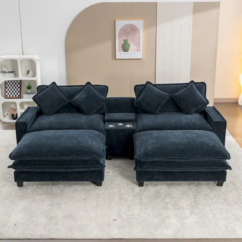 Canapé d'angle en chenille de 286 cm avec deux poufs amovibles, deux ports USB, deux porte-gobelets et un grand coffre de rangement