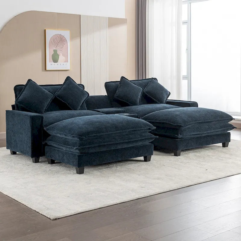 Canapé d'angle en chenille de 286 cm avec deux poufs amovibles, deux ports USB, deux porte-gobelets et un grand coffre de rangement