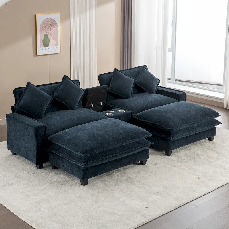 Canapé d'angle en chenille de 286 cm avec deux poufs amovibles, deux ports USB, deux porte-gobelets et un grand coffre de rangement