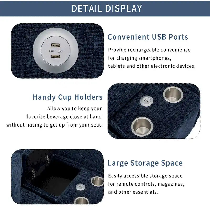 Canapé d'angle en chenille de 286 cm avec deux poufs amovibles, deux ports USB, deux porte-gobelets et un grand coffre de rangement