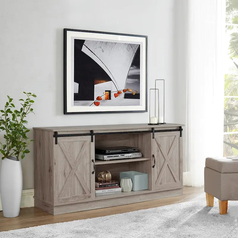 Meuble TV rustique en bois de ferme de 60 pouces avec console de rangement, meuble de divertissement avec portes coulissantes de style grange