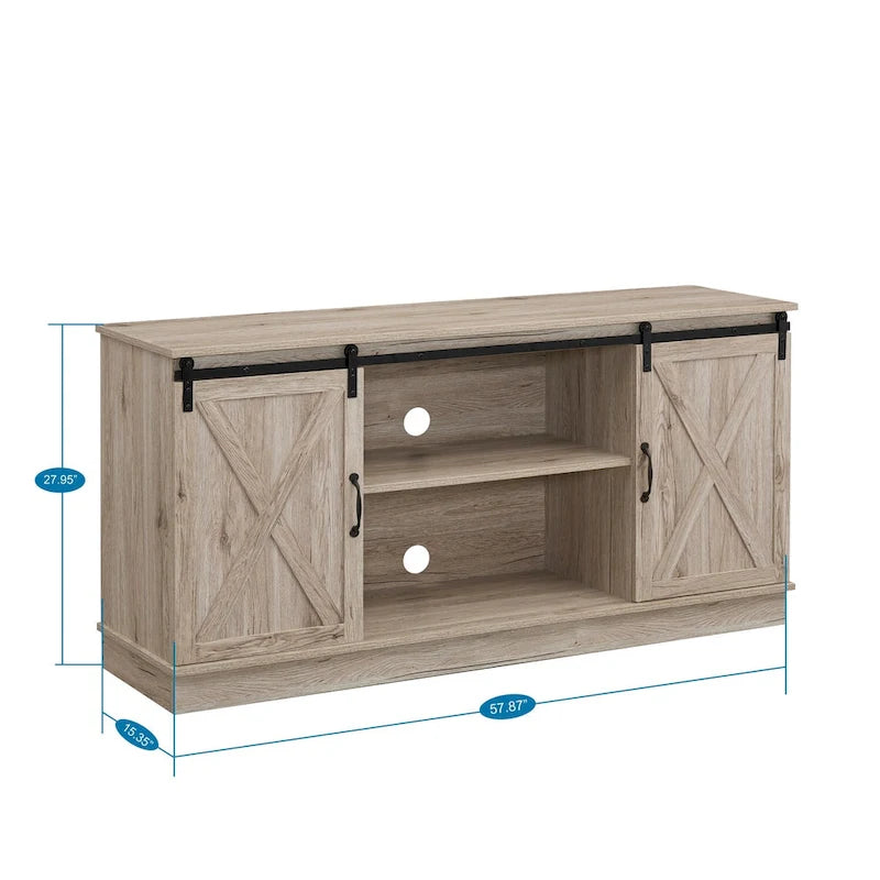 Meuble TV rustique en bois de ferme de 60 pouces avec console de rangement, meuble de divertissement avec portes coulissantes de style grange
