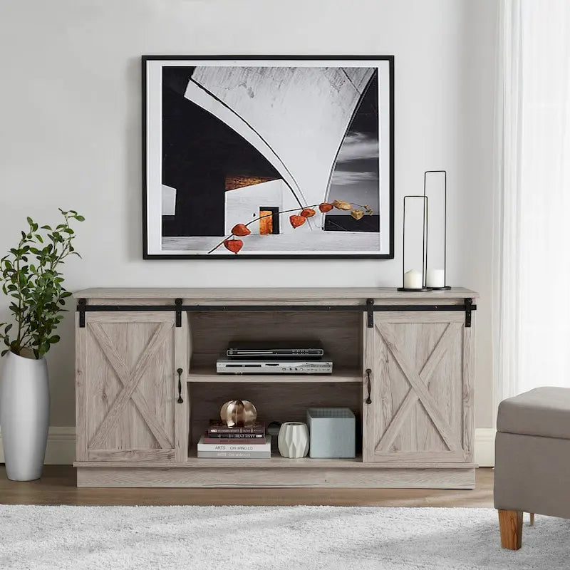 Meuble TV rustique en bois de ferme de 60 pouces avec console de rangement, meuble de divertissement avec portes coulissantes de style grange