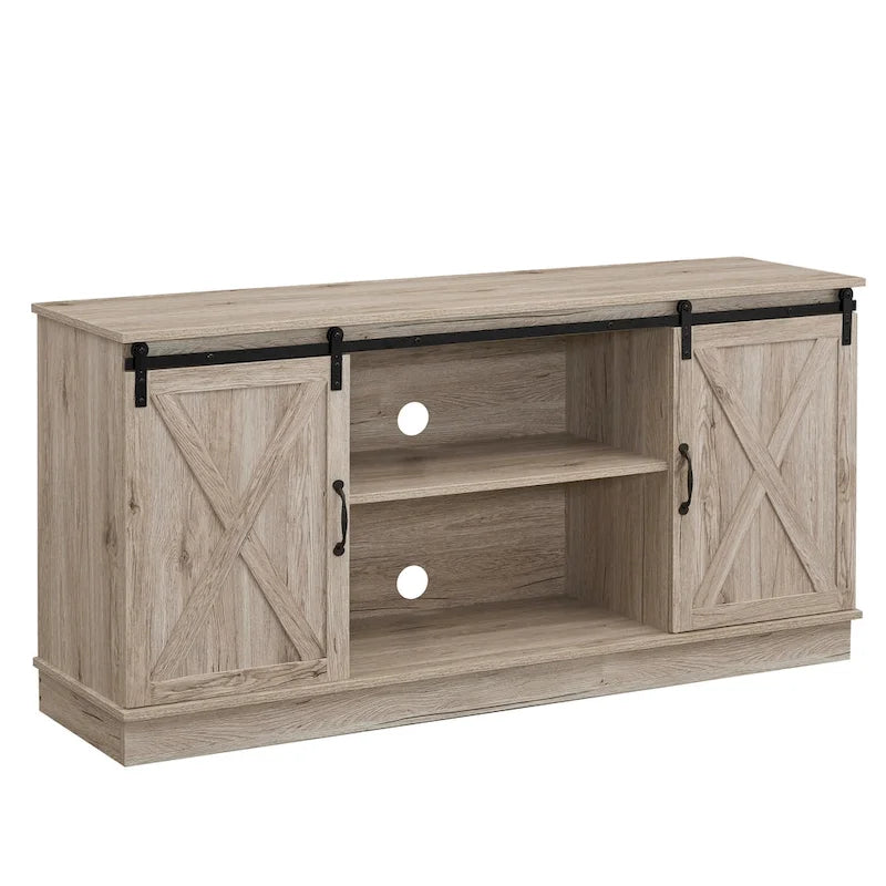 Meuble TV rustique en bois de ferme de 60 pouces avec console de rangement, meuble de divertissement avec portes coulissantes de style grange