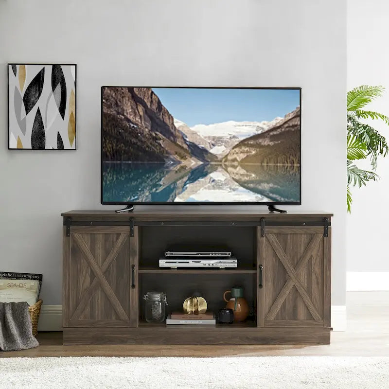 Meuble TV rustique en bois de ferme de 60 pouces avec console de rangement, meuble de divertissement avec portes coulissantes de style grange