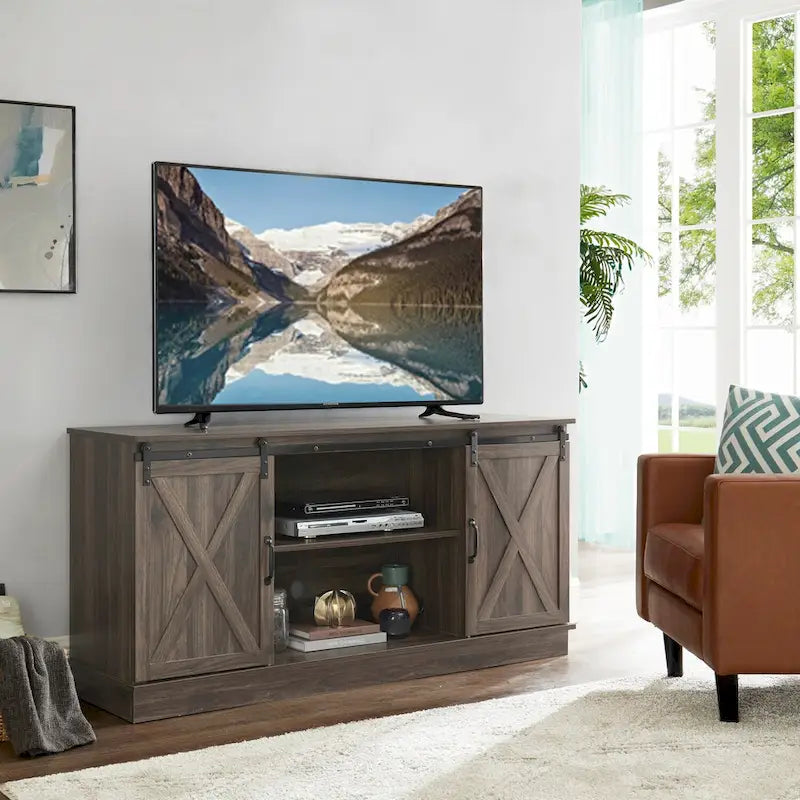 Meuble TV rustique en bois de ferme de 60 pouces avec console de rangement, meuble de divertissement avec portes coulissantes de style grange