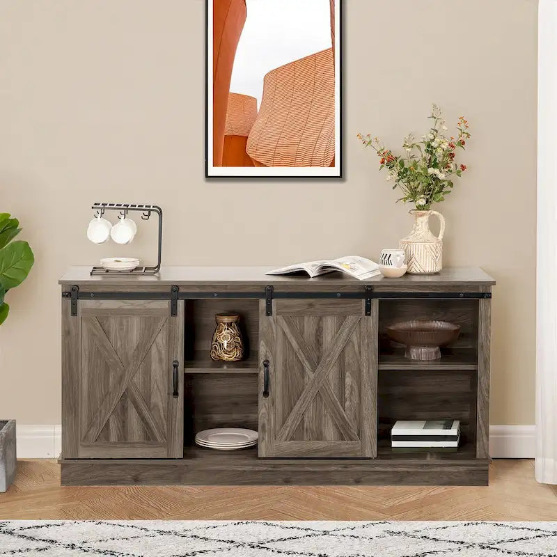 Meuble TV rustique en bois de ferme de 60 pouces avec console de rangement, meuble de divertissement avec portes coulissantes de style grange
