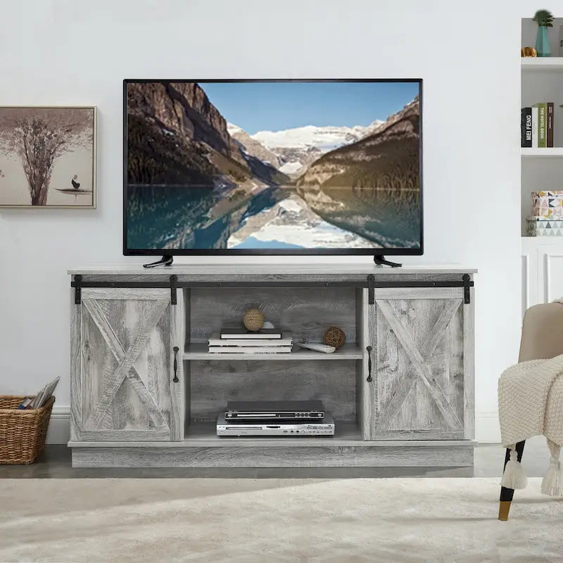 Meuble TV rustique en bois de ferme de 60 pouces avec console de rangement, meuble de divertissement avec portes coulissantes de style grange