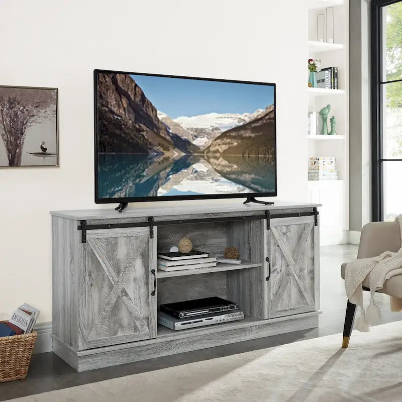 Meuble TV rustique en bois de ferme de 60 pouces avec console de rangement, meuble de divertissement avec portes coulissantes de style grange